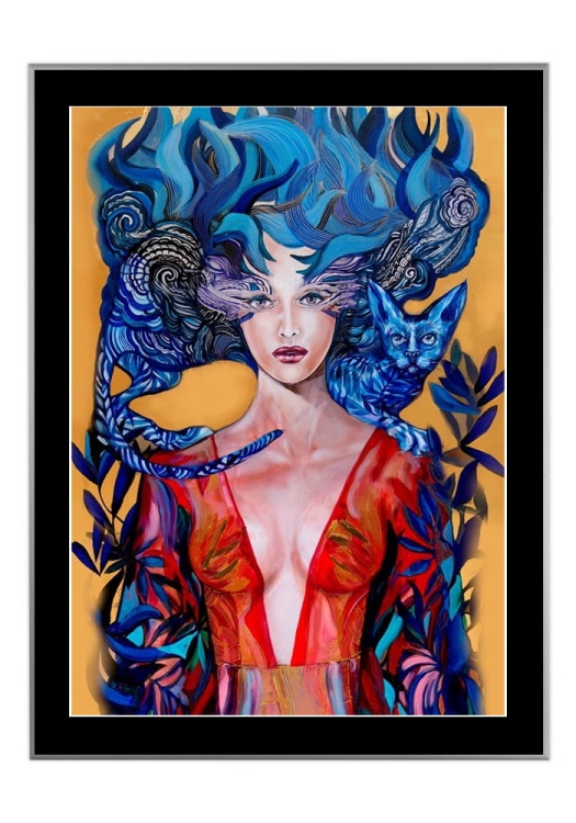 Aoi Neko II, 50x70 cm, czarne passe-partout 5 cm, rama srebrna 60x80 cm.jpg