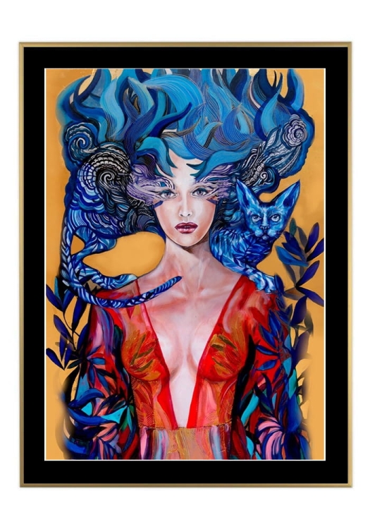 Aoi Neko II, 50x70 cm, czarne passe-partout 5 cm, rama złota 60x80 cm.jpg