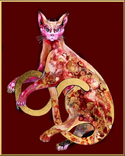 plakat Maggie Piu, Kizia na bordowym, 40x50 cm, rama alu złota 40x50 cm.jpg