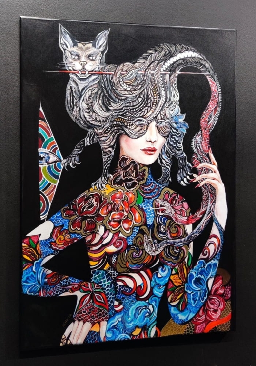 Dwa węże ... , 70x100 cm, black wall, left perspective.jpg