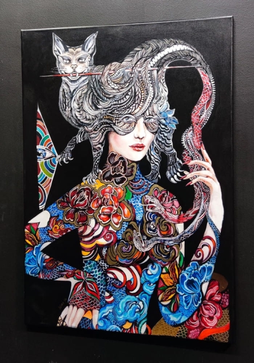 Dwa węże ... , 70x100 cm, black wall, right perspective.jpg