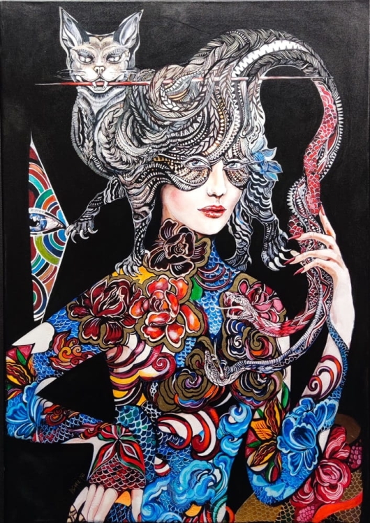 Dwa węże walczą o me serce, ale głowa należy do kota, 70x100 cm.jpg