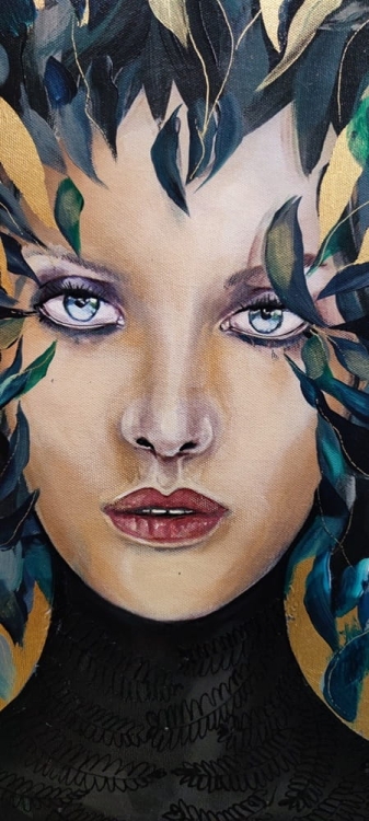 Szuwarnica Złota, 60x90 cm, detal 1 face, technika mieszana, Maggie Piu, 2025.jpg