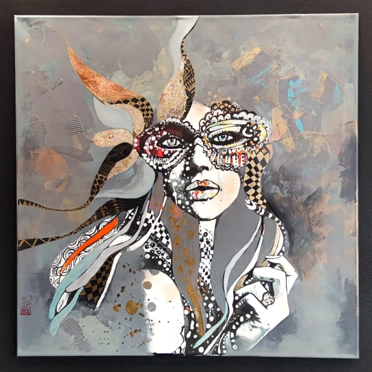 Szasza Szara, 100x100 cm, technika mieszana, Maggie Piu, black wall in the gallery.jpg