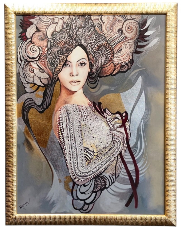 Madame Butterfly Grey 90x120 cm, technika mieszana, rama złota.jpg