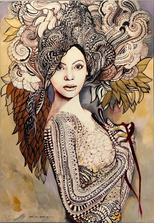 Madame Butterfly Beige, 70x100 cm, technika mieszana, Maggie Piu.jpg