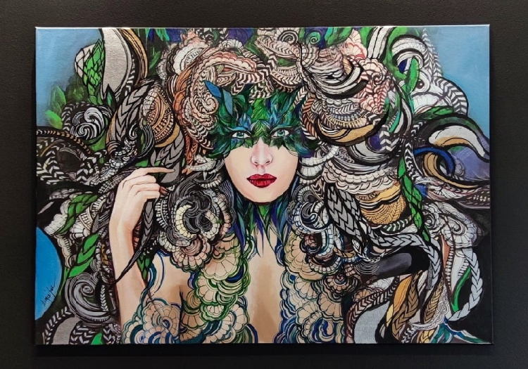 Freya, 100x70 cm, technika mieszana, Maggie Piu, black wall in the gallery.jpg