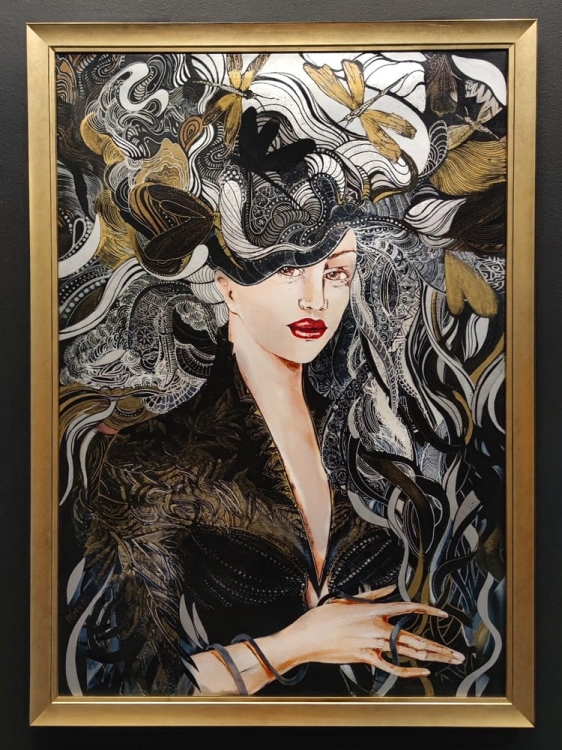 Igły Aleksandra, 70x100 cm, technika mieszana, złota rama, black wall.jpg