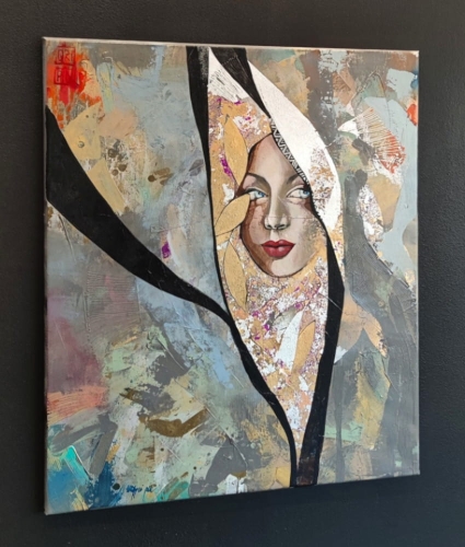 Sakame, 60x70 cm, akryl na płótnie, Maggie Piu, black wall, left perspective.jpg
