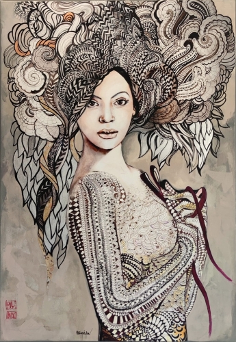 Madame Butterfly Taupe, 70x100 cm, technika mieszana, Maggie Piu.jpg