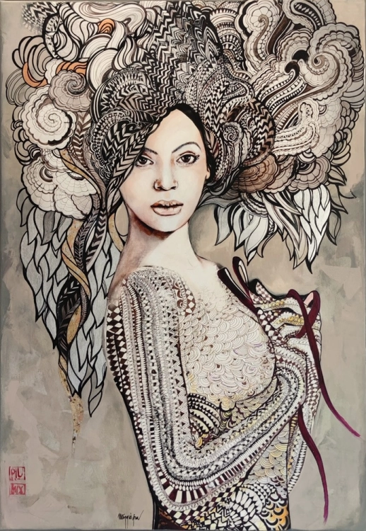 Madame Butterfly Taupe, 70x100 cm, technika mieszana, Maggie Piu.jpg