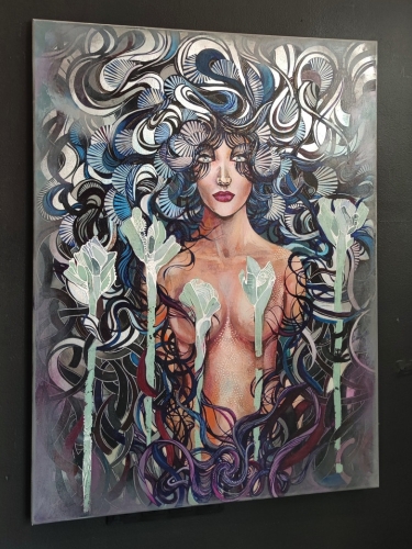 Dyskordia, 90x120 cm, akryl na płótnie, cykl horror vacui, Maggie Piu, black wall, left perspective.jpg