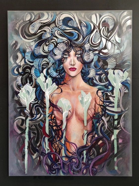 Dyskordia, 90x120 cm, akryl na płótnie, cykl horror vacui, Maggie Piu, black wall.jpg