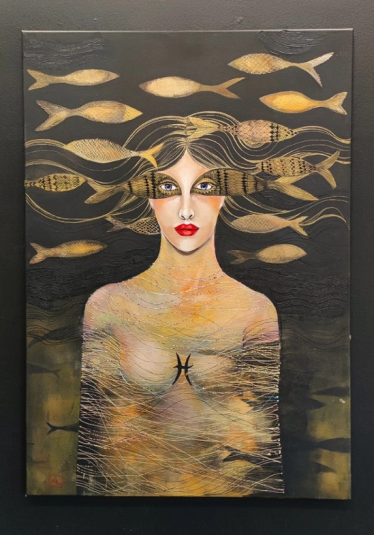 Ryby, 70x100 cm, akryl na płótnie, Maggie Piu, black wall.jpg