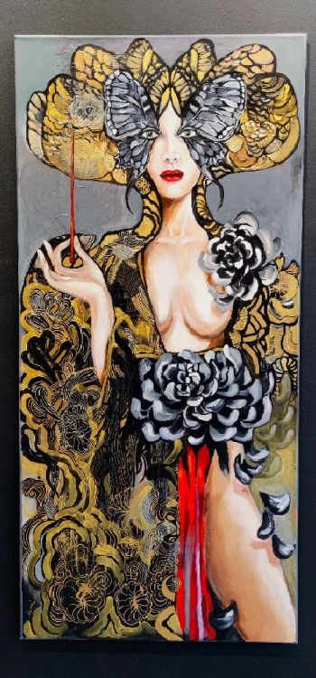 Kaminoboro, 70x150 cm, akryl na płótnie, obraz Maggie Piu, black wall