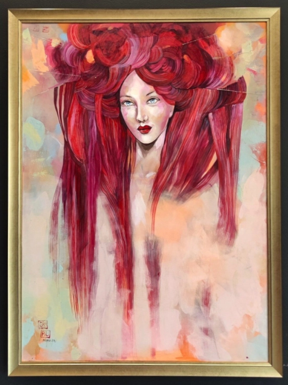Miłość, 80x110 cm, akryl na płótnie, Maggie Piu, gold frame, black wall.jpg