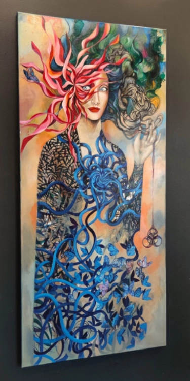 Horror vacui, 70x150 cm, akryl na płótnie, Maggie PIu, black wall, left perspective.jpg