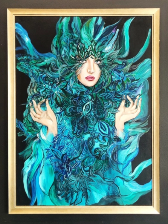 Malachitowa Mayo, 80x110 cm, akryl na płótnie, Maggie Piu, rama gold, black wall.jpg