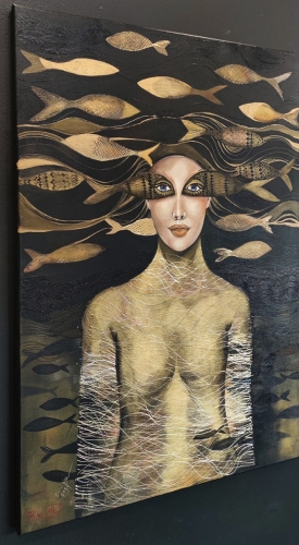 Ryby, 70x100 cm, akryl na płótnie, Maggie Piu, black wall, left perspective.jpg