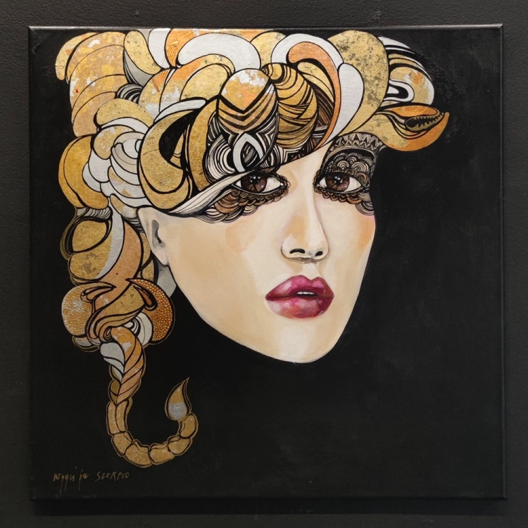 Skorpion, 60x60 cm, akryl na płótnie, Maggie Piu, black wall.jpg