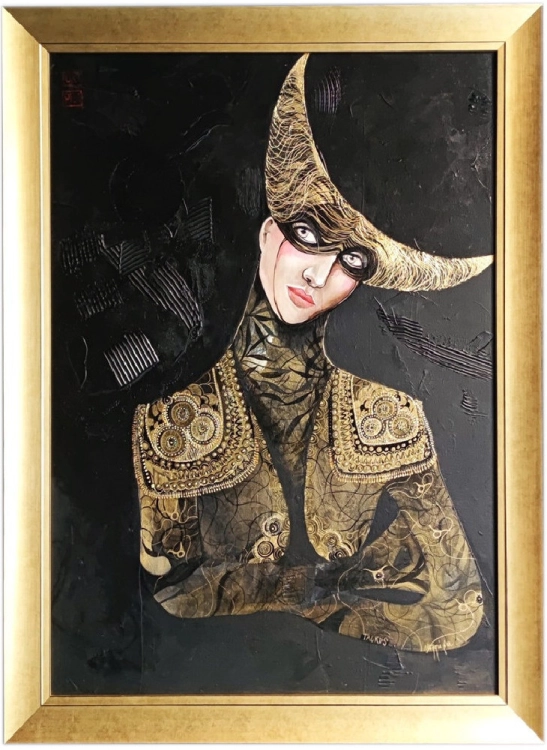 Byk, 70x100 cm, akryl na płótnie, Maggie Piu, gold frame, white wall..jpg