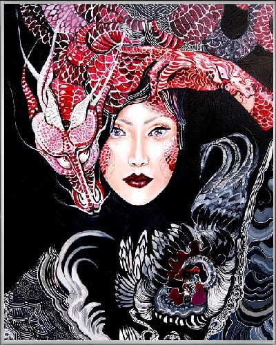 plakat Maggie Piu, Dwa koguty walczą o me serce, 40x50 cm, rama alu srebrna 41x51 cm.jpg