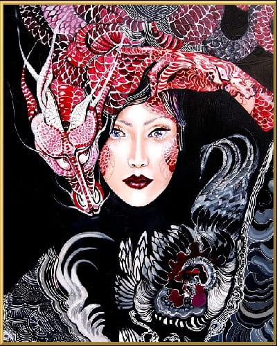 plakat Maggie Piu, Dwa koguty walczą o me serce, 40x50 cm, rama alu złota 41x51 cm.jpg