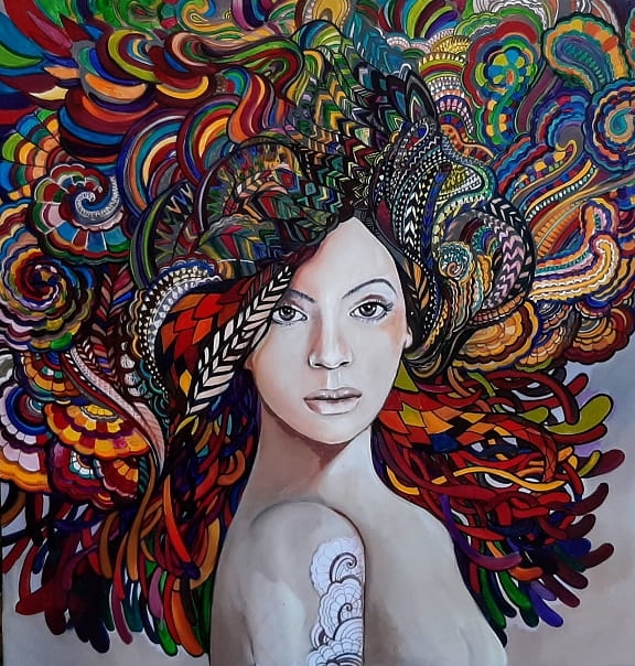 obraz Maggie Piu, Madame Butterfly Multicolor 120x120, akryl na płótnie.jpg