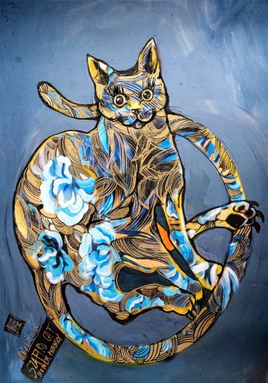 Blue Cat, zdobiony ręcznie Pro plakat 50x70 cm, Maggie Piu.jpg