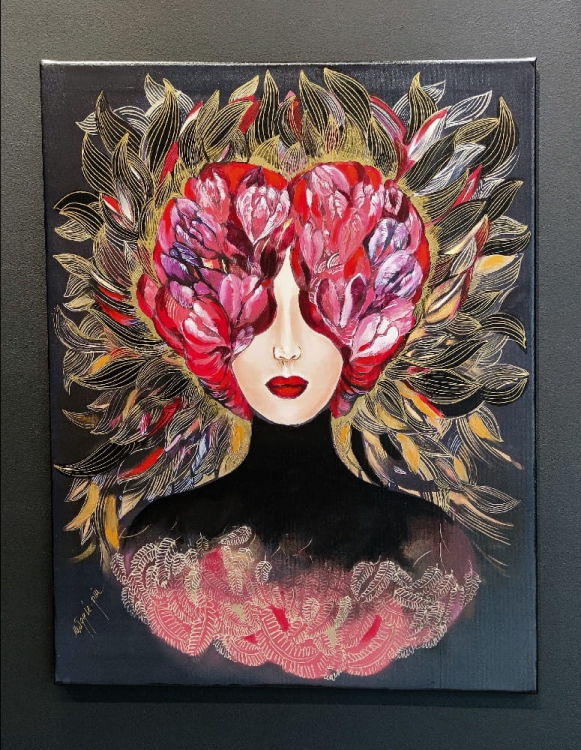 Miłość jest ślepa, 70x90 cm, technika mieszana, obraz Maggie Piu, black wall, light.jpg