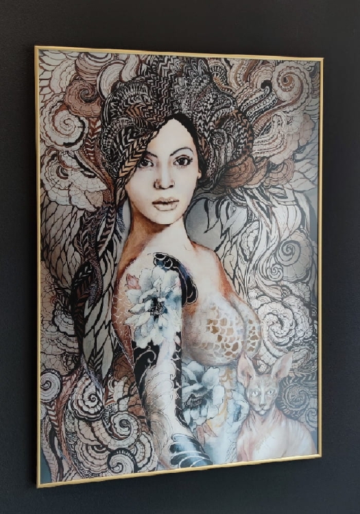 Madame Butterfly Freewolna 70x100 cm, rama alu gold 70x100 cm, antyreflex, left side.jpg