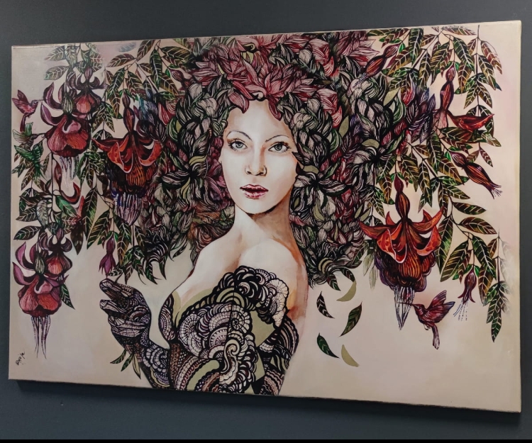 Siostra Tygrysicy bez kota, 120x80 cm, technika mieszana, Maggie Piu, 2022-01, grey wall, right side.jpg