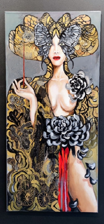 Kaminoboro, 70x150 cm, akryl na płótnie, obraz Maggie Piu, ver.2022, black wall.jpg