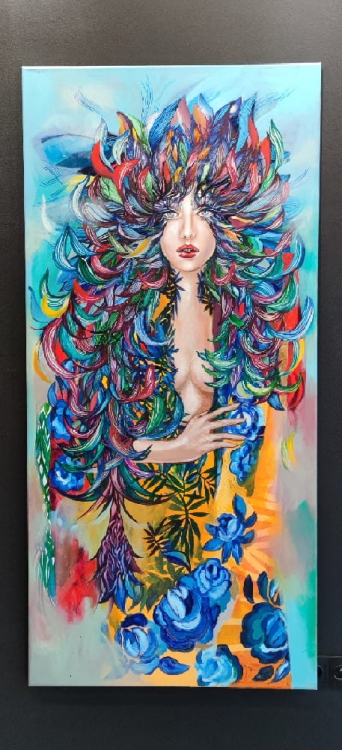 Lady Kaczka, 80x175 cm, akryl na płótnie, obraz Maggie Piu, ver.2022, black wall.jpg