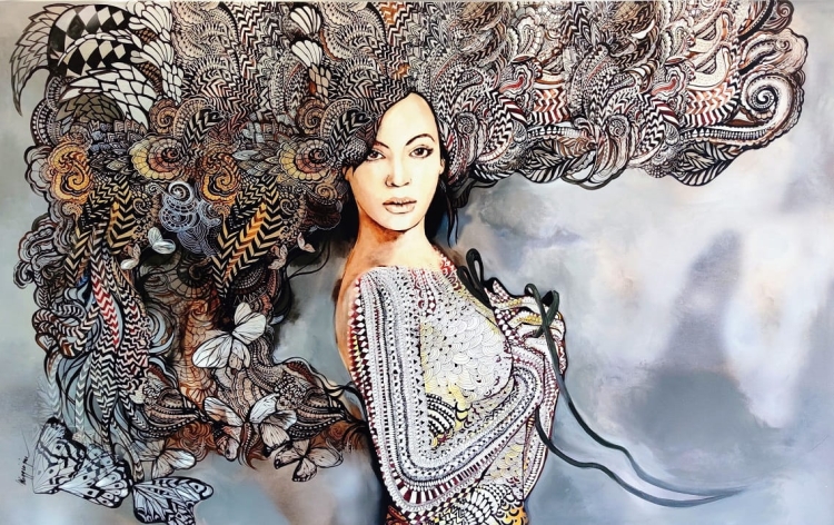 Madame Butterfly Grey, 160x100 cm, giclee - technika mieszana, Maggie Piu.jpg