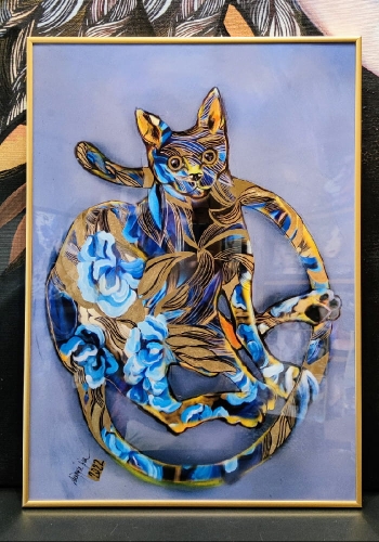 Blue Cat Lighted, plakat zdobiony 50x70 cm, złota rama 50x70 cm, prawy bok, gorudo back.jpg