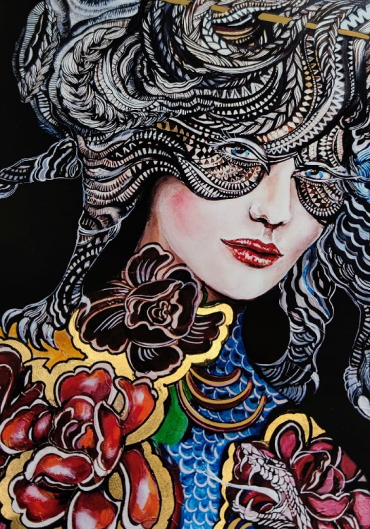 Dwa węże walczą... a głowa należy do kota, plakat zdobiony 70x100 cm, Maggie Piu, perspektywa 3.jpg