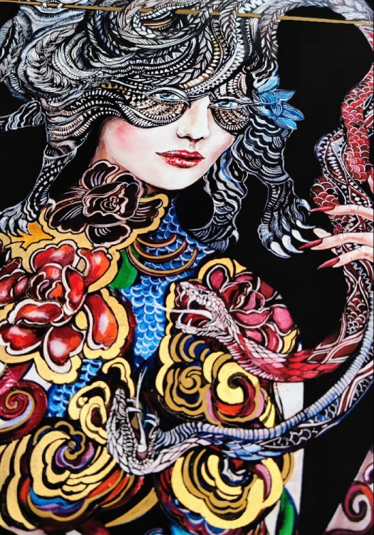 Dwa węże walczą... a głowa należy do kota, plakat zdobiony 70x100 cm, Maggie Piu, perspektywa 2.jpg