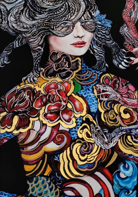 Dwa węże walczą... a głowa należy do kota, plakat zdobiony 70x100 cm, Maggie Piu, perspektywa 1.jpg