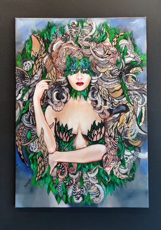Freya, 70x100 cm, technika mieszana, Maggie Piu, 2022, black wall 2.jpg