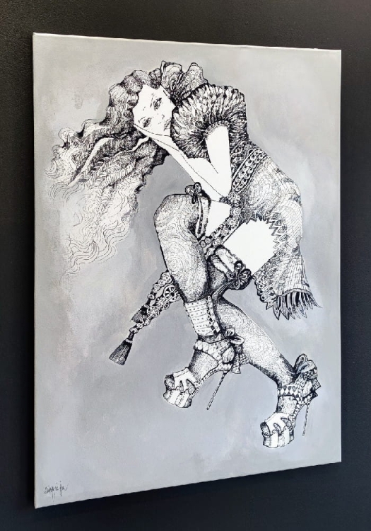 Fashion Games II, 80x110, technika mieszana, Maggie Piu, black wall, left side.jpg