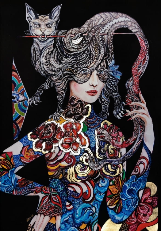 Dwa węże walczą... a głowa należy do kota, plakat zdobiony 70x100 cm, Maggie Piu.jpg