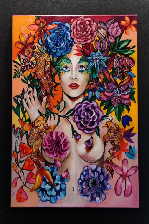 Raj Utracony 2019-2022, 60x90 cm, akryl na płótnie, Maggie Piu, black wall in the gallery.jpg