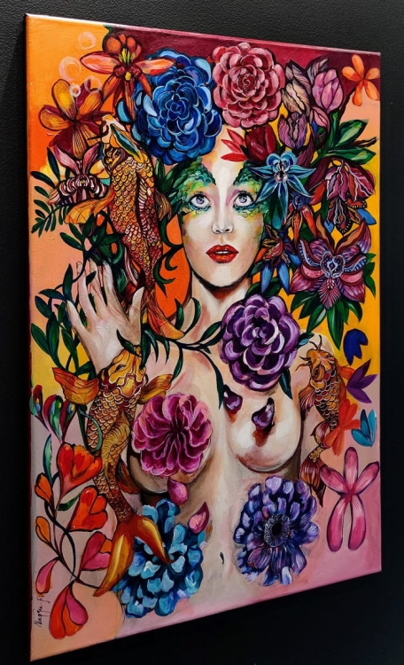 Raj Utracony 2019-2022, 60x90 cm, akryl na płótnie, Maggie Piu, black wall in the gallery, left side.jpg