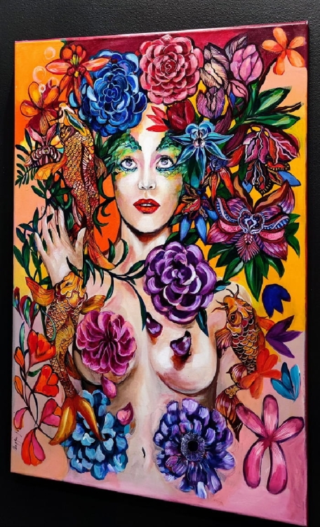 Raj Utracony 2019-2022, 60x90 cm, akryl na płótnie, Maggie Piu, black wall in the gallery, right side.jpg