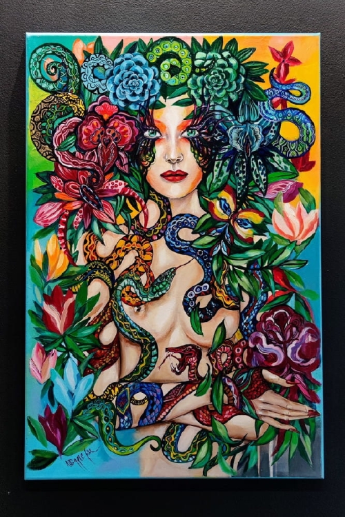 Raj Utracony, Węże 2022, 60x90 cm, akryl na płótnie, Maggie Piu, black wall in the gallery.jpg