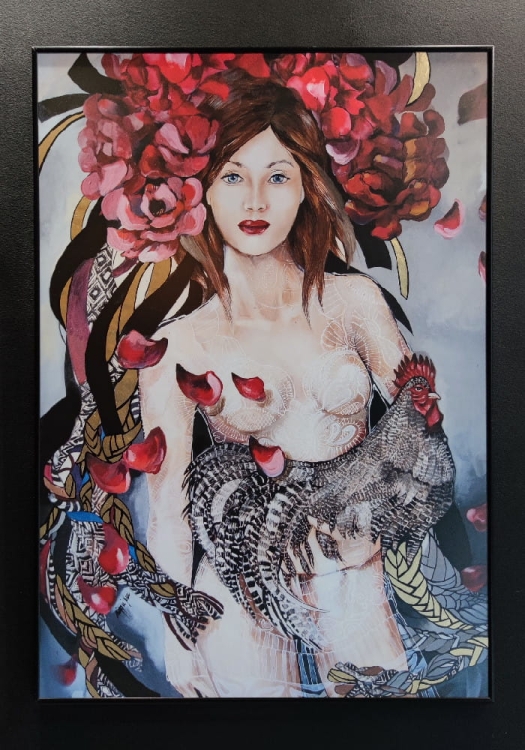 Miała Baba Koguta, plakat zdobiony, 50x70 cm, black frame, black wall.jpg