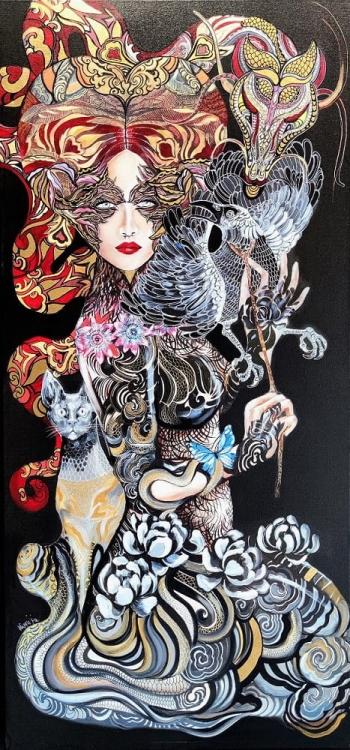 Geisha Karasu, 70x150 cm, technika mieszana, Maggie Piu.jpg