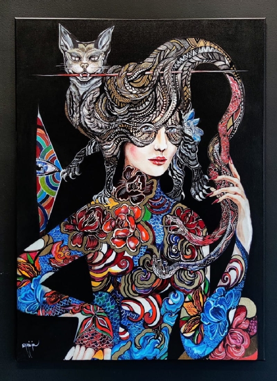 Dwa węże walczą o me serce, ale głowa należy do kota, 80x110 cm, technika mieszana, black wall.jpg