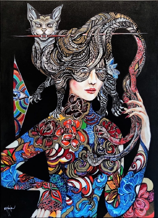 Dwa węże walczą o me serce, ale głowa należy do kota, 80x110 cm, technika mieszana.jpg